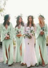 Zara | Boho Long Sleeves Light Pink Chiffon Maxi Bridesmaid Dress with A - Line and Deep V Neck - Price #price_variant_lowest# - Sage - PromDressClub